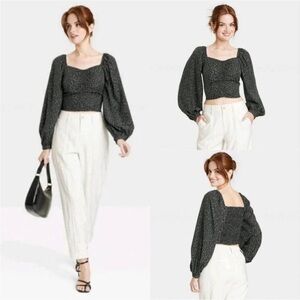 A New Day Black Long Balloon Sleeve Ruched Front Smocked Back Top